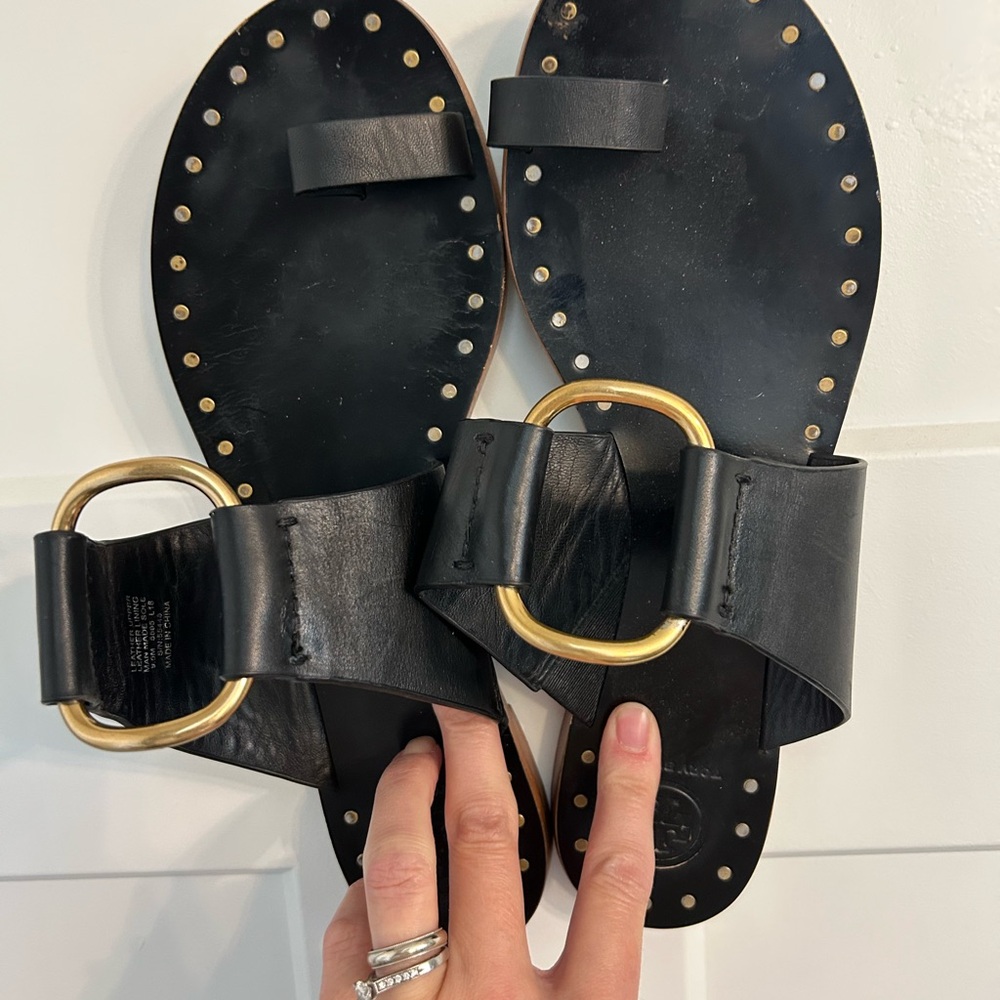 Tory Burch Black Leather Sandals with Gold Accents